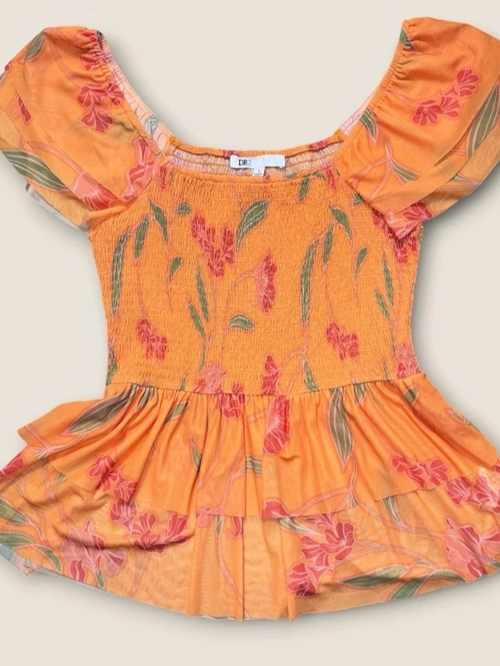DR2 Fairycore Mesh Sheer Floral Top in Orange & Pink Size Small Like New